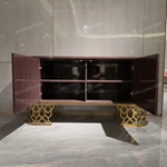 Rounded Two-Door Sideboard with Geometric Patterned Panels Dark Natural Wood Veneer Top and Gold-Tone Openwork Metal Base